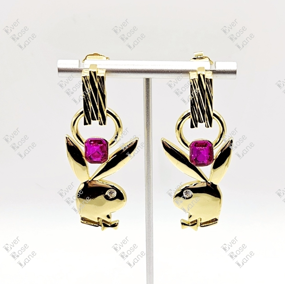 Rare Oceanus x Playboy Bunny Golden Earrings Hot Pink Stone New one pair NW